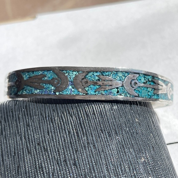 Vintage Taxco Blue Turquoise Chip Inlay Sterling Silver Bracelet 6.5” Large - Picture 4 of 9